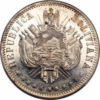 reverse of 1 Boliviano (1868) coin with KM# Pn25 from Bolivia. Inscription: REPUBLICA BOLIVIANA