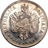 Bolivia coin 1 Boliviano (1868) reverse reverse of 1 Boliviano (1868) coin with KM# Pn25 from Bolivia. Inscription: REPUBLICA BOLIVIANA