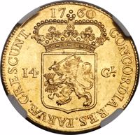 Dutch Republic coin 14 Gulden (1760) reverse reverse of 14 Gulden (1760) coin with KM# 86.2 from Dutch Republic. Inscription: CONCORDIA RES PARVÆ CRESCUNT