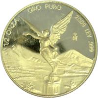 reverse of 1/2 Onza - Libertad Gold Bullion (2000 - 2009) coin with KM# 674 from Mexico. Inscription: 1/2 ONZA ORO PURO LEY .999 Mo