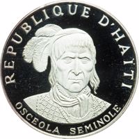 Haiti coin 10 Gourdes - Native American Chieftains Series - Osceola Seminole (1971) obverse obverse of 10 Gourdes - Native American Chieftains Series - Osceola Seminole (1971) coin with KM# 79 from Haiti. Inscription: REPUBLIQUE D'HAÏTI OSCEOLA SEMINOLE