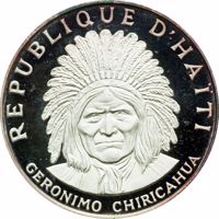 Haiti coin 10 Gourdes - Native American Chieftains Series - Geronimo Chiricahua (1971) obverse obverse of 10 Gourdes - Native American Chieftains Series - Geronimo Chiricahua (1971) coin with KM# 82 from Haiti. Inscription: REPUBLIQUE D'HAÏTI GERONIMO CHIRICAHUA