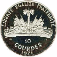 reverse of 10 Gourdes - Native American Chieftains Series - Geronimo Chiricahua (1971) coin with KM# 82 from Haiti. Inscription: LIBERTE EGALITE FRATERNITE 1000 IC 10 GOURDES 1971