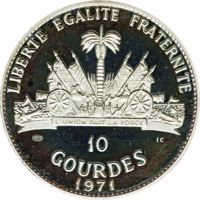 Haiti coin 10 Gourdes - Native American Chieftains Series - Geronimo Chiricahua (1971) reverse reverse of 10 Gourdes - Native American Chieftains Series - Geronimo Chiricahua (1971) coin with KM# 82 from Haiti. Inscription: LIBERTE EGALITE FRATERNITE 1000 IC 10 GOURDES 1971
