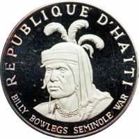 obverse of 10 Gourdes - Native American Chieftains Series - Billy Bowlegs Seminole War (1971) coin with KM# 83 from Haiti. Inscription: REPUBLIQUE D'HAÏTI BILLY BOWLEGS SEMINOLE WAR