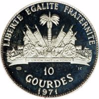 reverse of 10 Gourdes - Native American Chieftains Series - Billy Bowlegs Seminole War (1971) coin with KM# 83 from Haiti. Inscription: LIBERTE EGALITE FRATERNITE 1000 IC 10 GOURDES 1971