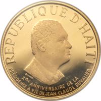 Haiti coin 1000 Gourdes - 10th Anniversary of Duvalier's Presidency - National Unity (1981) obverse obverse of 1000 Gourdes - 10th Anniversary of Duvalier's Presidency - National Unity (1981) coin with KM# 164 from Haiti. Inscription: REPUBLIQUE D'HAITI SOCCORSI XEME ANNIVERSAIRE DE LA PRESIDENCE A VIE DE JEAN-CLAUDE DUVALIER