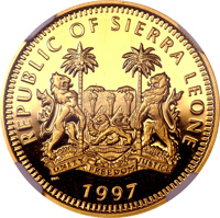 obverse of 250 Dollars - Centenary of Queen Victoria's Diamond Jubilee (1997) coin with KM# 240 from Sierra Leone. Inscription: REPUBLIC OF SIERRA LEONE PM 1997