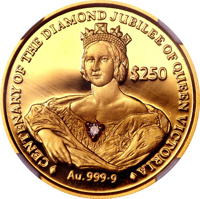 Sierra Leone coin 250 Dollars - Centenary of Queen Victoria's Diamond Jubilee (1997) reverse reverse of 250 Dollars - Centenary of Queen Victoria's Diamond Jubilee (1997) coin with KM# 240 from Sierra Leone. Inscription: CENTENARY OF THE DIAMOND JUBILEE OF QUEEN VICTORIA $250 Au. 999·9