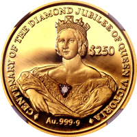 reverse of 250 Dollars - Centenary of Queen Victoria's Diamond Jubilee (1997) coin with KM# 240 from Sierra Leone. Inscription: CENTENARY OF THE DIAMOND JUBILEE OF QUEEN VICTORIA $250 Au. 999·9