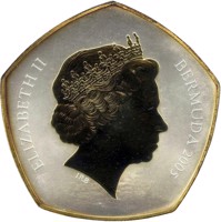 obverse of 100 Dollars - Elizabeth II - 500th Anniversary of Discovery (2005) coin with KM# 173 from Bermuda. Inscription: ELIZABETH II BERMUDA 2005 IRB