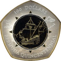 Bermuda coin 100 Dollars - Elizabeth II - 500th Anniversary of Discovery (2005) reverse reverse of 100 Dollars - Elizabeth II - 500th Anniversary of Discovery (2005) coin with KM# 173 from Bermuda. Inscription: 100 DOLLARS 1505 2005 BERMUDA QUINCENTENNIAL