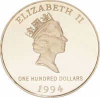 Bermuda coin 100 Dollars - Elizabeth II - Royal Visit (1994) obverse obverse of 100 Dollars - Elizabeth II - Royal Visit (1994) coin with KM# 134 from Bermuda. Inscription: ELIZABETH II ONE HUNDRED DOLLARS 1994