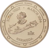 reverse of 100 Dollars - Elizabeth II - Royal Visit (1994) coin with KM# 134 from Bermuda. Inscription: CAYMAN ISLANDS GUYANA BELIZE ANGUILLA BERMUDA BAHAMAS JAMAICA ROYAL VISIT · MARCH 1994 BERMUDA