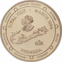 Bermuda coin 100 Dollars - Elizabeth II - Royal Visit (1994) reverse reverse of 100 Dollars - Elizabeth II - Royal Visit (1994) coin with KM# 134 from Bermuda. Inscription: CAYMAN ISLANDS GUYANA BELIZE ANGUILLA BERMUDA BAHAMAS JAMAICA ROYAL VISIT · MARCH 1994 BERMUDA