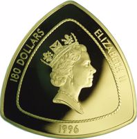 Bermuda coin 180 Dollars - Elizabeth II - Bermuda Triangle (1996) obverse obverse of 180 Dollars - Elizabeth II - Bermuda Triangle (1996) coin with KM# 98 from Bermuda. Inscription: 180 DOLLARS ELIZABETH II 1996
