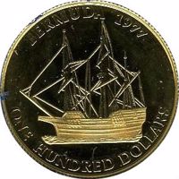 reverse of 100 Dollars - Elizabeth II - Silver Jubilee (1977) coin with KM# 27 from Bermuda. Inscription: BERMUDA 1977 ONE HUNDRED DOLLARS
