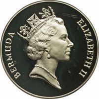 Bermuda coin 25 Dollars - Elizabeth II - Shipwreck of San Antonio (1988) obverse obverse of 25 Dollars - Elizabeth II - Shipwreck of San Antonio (1988) coin with KM# 63 from Bermuda. Inscription: BERMUDA ELIZABETH II