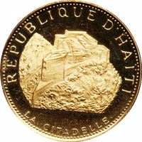 obverse of 30 Gourdes - 10th Anniversary of Revolution - Citadel of Saint Christopher (1969 - 1970) coin with KM# 72 from Haiti. Inscription: REPUBLIQUE D'HAÏTI LA CITADELLE