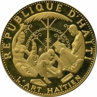 obverse of 500 Gourdes - 10th Anniversary of Revolution - Haitian Art (1969 - 1970) coin with KM# 76 from Haiti. Inscription: REPUBLIQUE D'HAÏTI L'ART HAÏTIEN