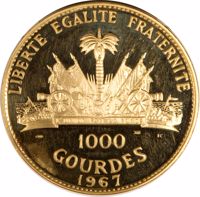 reverse of 1000 Gourdes - 10th Anniversary of Revolution - Dr. François Duvalier (1967 - 1970) coin with KM# 71 from Haiti. Inscription: LIBERTE EGALITE FRATERNITE 900 360 IC 1000 GOURDES 1967