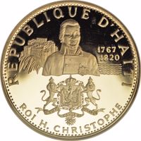 obverse of 250 Gourdes - 10th Anniversary of Revolution - Henri Christophe (1969 - 1970) coin with KM# 75 from Haiti. Inscription: REPUBLIQUE D'HAÏTI 1767 1820 ROI H. CHRISTOPHE
