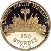 reverse of 250 Gourdes - 10th Anniversary of Revolution - Henri Christophe (1969 - 1970) coin with KM# 75 from Haiti. Inscription: LIBERTE EGALITE FRATERNITE 585 IC 250 GOURDES 1970