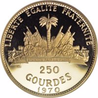 Haiti coin 250 Gourdes - 10th Anniversary of Revolution - Henri Christophe (1969 - 1970) reverse reverse of 250 Gourdes - 10th Anniversary of Revolution - Henri Christophe (1969 - 1970) coin with KM# 75 from Haiti. Inscription: LIBERTE EGALITE FRATERNITE 585 IC 250 GOURDES 1970
