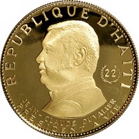 obverse of 1000 Gourdes - Jean-Claude Duvalier (1973) coin with KM# 111 from Haiti. Inscription: REPUBLIQUE D'HAÏTI 22 JEAN-CLAUDE DUVALIER PRESIDENT A VIE