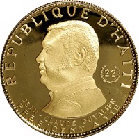 Haiti coin 1000 Gourdes - Jean-Claude Duvalier (1973) obverse obverse of 1000 Gourdes - Jean-Claude Duvalier (1973) coin with KM# 111 from Haiti. Inscription: REPUBLIQUE D'HAÏTI 22 JEAN-CLAUDE DUVALIER PRESIDENT A VIE