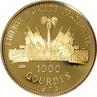 reverse of 1000 Gourdes - Jean-Claude Duvalier (1973) coin with KM# 111 from Haiti. Inscription: LIBERTE EGALITE FRATERNITE 900 360 1000 GOURDES 1973