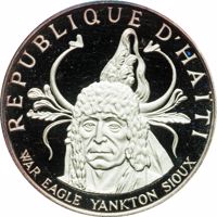 obverse of 10 Gourdes - Native American Chieftains Series - War Eagle Yankton Sioux (1971) coin with KM# 85 from Haiti. Inscription: REPUBLIQUE D'HAÏTI WAR EAGLE YANKTON SIOUX