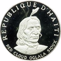 obverse of 10 Gourdes - Native American Chieftains Series - Red Cloud Oglala Sioux (1971) coin with KM# 86 from Haiti. Inscription: REPUBLIQUE D'HAÏTI RED CLOUD OGLALA SIOUX