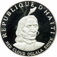 Haiti coin 10 Gourdes - Native American Chieftains Series - Red Cloud Oglala Sioux (1971) obverse obverse of 10 Gourdes - Native American Chieftains Series - Red Cloud Oglala Sioux (1971) coin with KM# 86 from Haiti. Inscription: REPUBLIQUE D'HAÏTI RED CLOUD OGLALA SIOUX