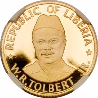 obverse of 100 Dollars - Inauguration of President Tolbert (1976) coin with KM# 33 from Liberia. Inscription: * REPUBLIC OF LIBERIA * W.R.TOLBERT JR.