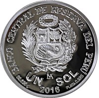 reverse of 1 Sol - 150 years of the victory of the 2nd of May (2016) coin with KM# 399 from Peru. Inscription: BANCO CENTRAL DE RESERVA DEL PÉRU UN SOL 33.625 g PLATA .925 2016