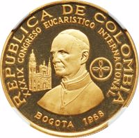 Colombia coin 300 Pesos - International Eucharistic Congress (1968) obverse obverse of 300 Pesos - International Eucharistic Congress (1968) coin with KM# 233 from Colombia. Inscription: REPUBLICA DE COLUMBIA XXXIX CONGRESO EUCARISTICO INTERNACIONAL BOGOTA 1968
