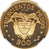 reverse of 300 Pesos - International Eucharistic Congress (1968) coin with KM# 233 from Colombia. Inscription: TRESCIENTOS PESOS LEY 0,900 300
