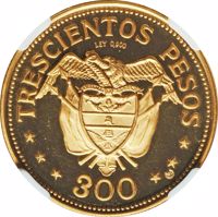 Colombia coin 300 Pesos - International Eucharistic Congress (1968) reverse reverse of 300 Pesos - International Eucharistic Congress (1968) coin with KM# 233 from Colombia. Inscription: TRESCIENTOS PESOS LEY 0,900 300