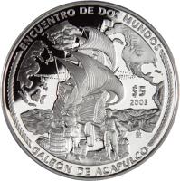 reverse of 5 Pesos - Galeón de Acapulco (2003) coin with KM# 678 from Mexico. Inscription: ENCUENTRO DE DOS MUNDOS $5 2003 Mo GALEÓN DE ACAPULCO