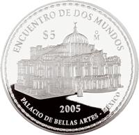 reverse of 5 Pesos - Palacio de Bellas artes (2005) coin with KM# 765 from Mexico. Inscription: ENCUENTRO DE DOS MUNDOS $5 Mo 2005 PALACIO DE BELLAS ARTES - México