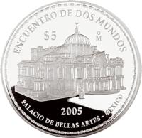 Mexico coin 5 Pesos - Palacio de Bellas artes (2005) reverse reverse of 5 Pesos - Palacio de Bellas artes (2005) coin with KM# 765 from Mexico. Inscription: ENCUENTRO DE DOS MUNDOS $5 Mo 2005 PALACIO DE BELLAS ARTES - México