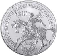reverse of 10 Pesos - Don Quixote (2005) coin with KM# 766 from Mexico. Inscription: 33 FESTIVAL INTERNACIONAL CERVANTINO $10 Mo 2005 IV CENTENARIO DON QUIJOTE