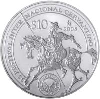 Mexico coin 10 Pesos - Don Quixote (2005) reverse reverse of 10 Pesos - Don Quixote (2005) coin with KM# 766 from Mexico. Inscription: 33 FESTIVAL INTERNACIONAL CERVANTINO $10 Mo 2005 IV CENTENARIO DON QUIJOTE