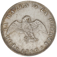 obverse of 1 Décimo (1860 - 1862) coin with KM# 124a from Chile. Inscription: POR LA RAZON O LA FUERZA 1860