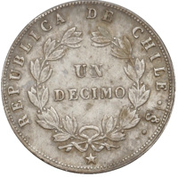 Chile coin 1 Décimo (1860 - 1862) reverse reverse of 1 Décimo (1860 - 1862) coin with KM# 124a from Chile. Inscription: REPUBLICA DE CHILE • So • UN DECIMO