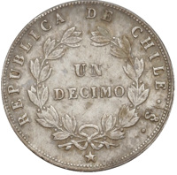 reverse of 1 Décimo (1860 - 1862) coin with KM# 124a from Chile. Inscription: REPUBLICA DE CHILE • So • UN DECIMO