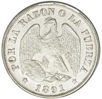 obverse of 20 Centavos (1891) coin with KM# 138.3 from Chile. Inscription: POR LA RAZON O LA FUERZA 1891
