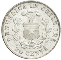 reverse of 20 Centavos (1891) coin with KM# 138.3 from Chile. Inscription: REPUBLICA DE CHILE 0.2 So 20 CENTS