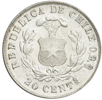Chile coin 20 Centavos (1891) reverse reverse of 20 Centavos (1891) coin with KM# 138.3 from Chile. Inscription: REPUBLICA DE CHILE 0.2 So 20 CENTS
